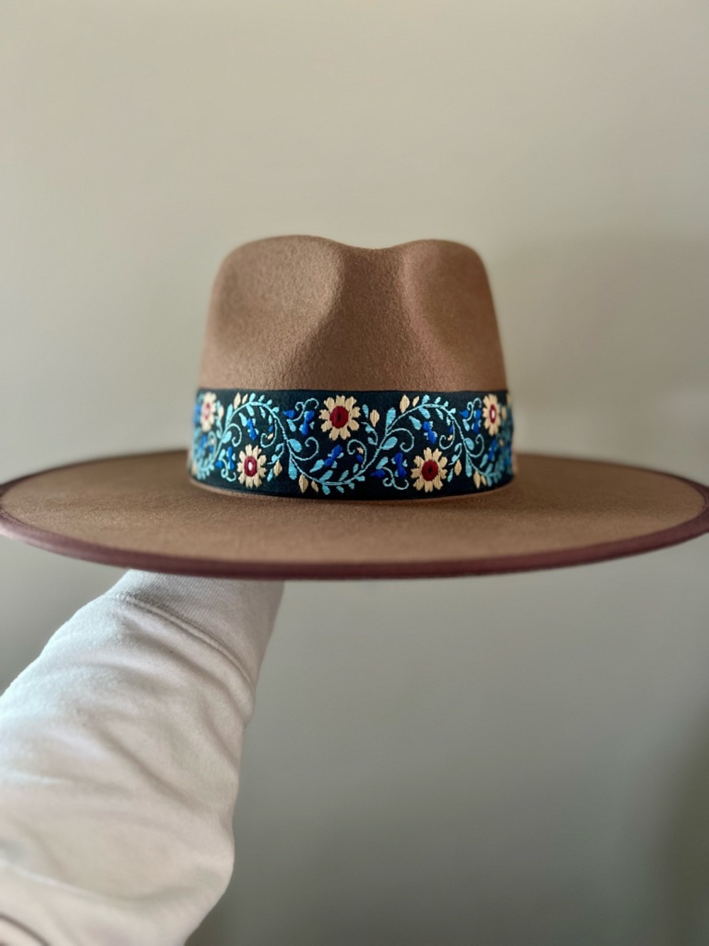 Luna Bloom Lennon Brown Felt Hat with Floral Embroidered Band